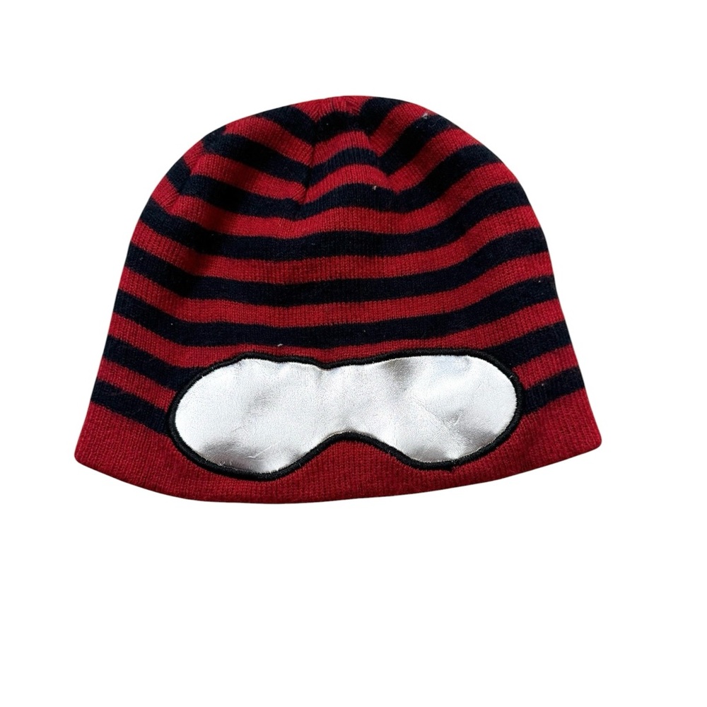 The Children's Place Red and Black Striped Beanie with Silver Goggles Patch
